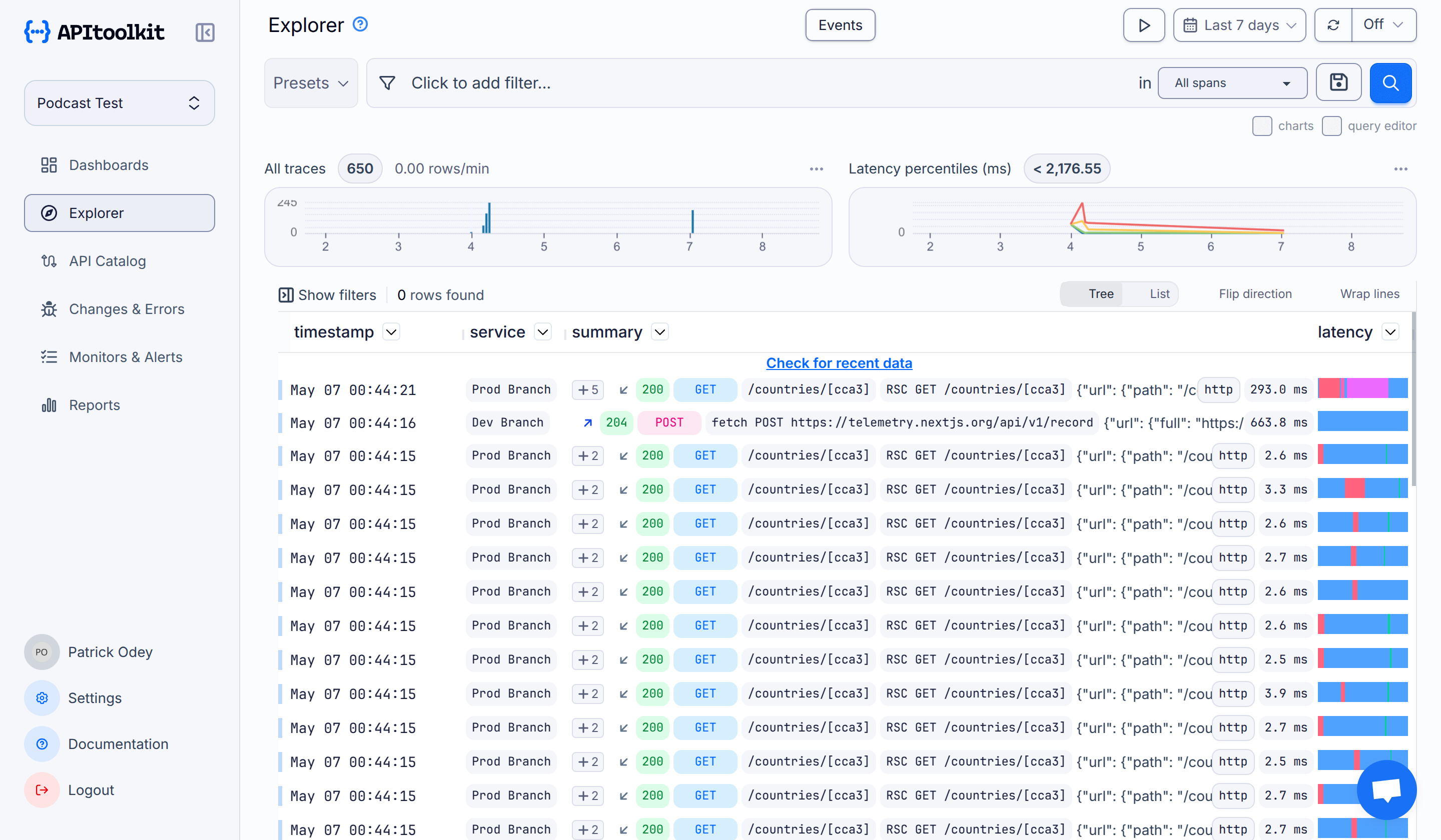 Screenshot of monoscope’s API log explorer page