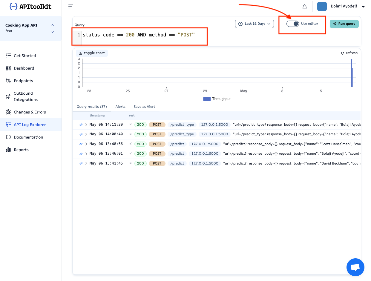 Screenshot of monoscope’s API log explorer page