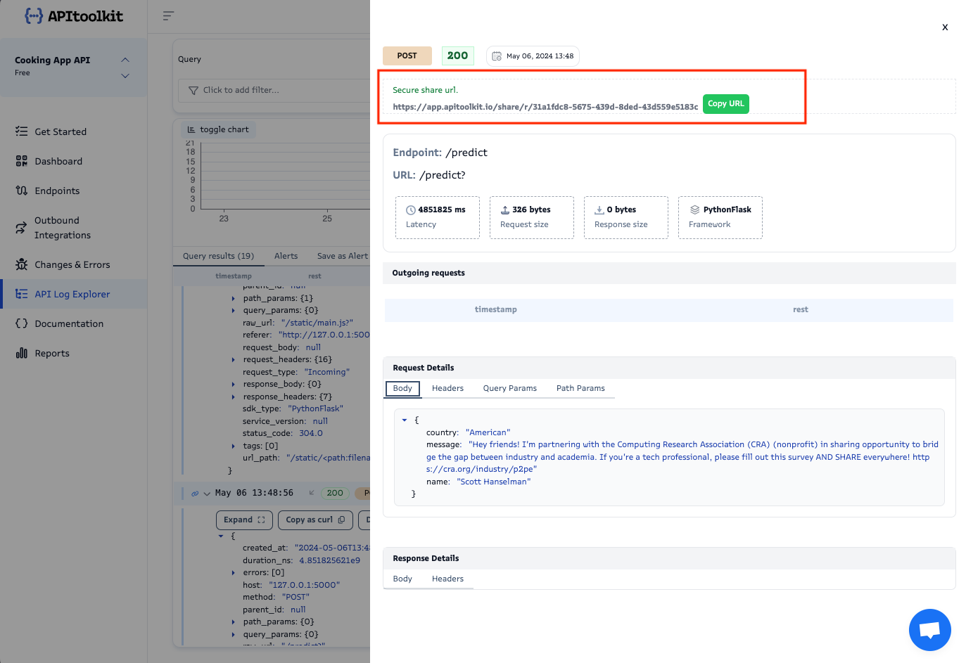 Screenshot of monoscope’s API log explorer page