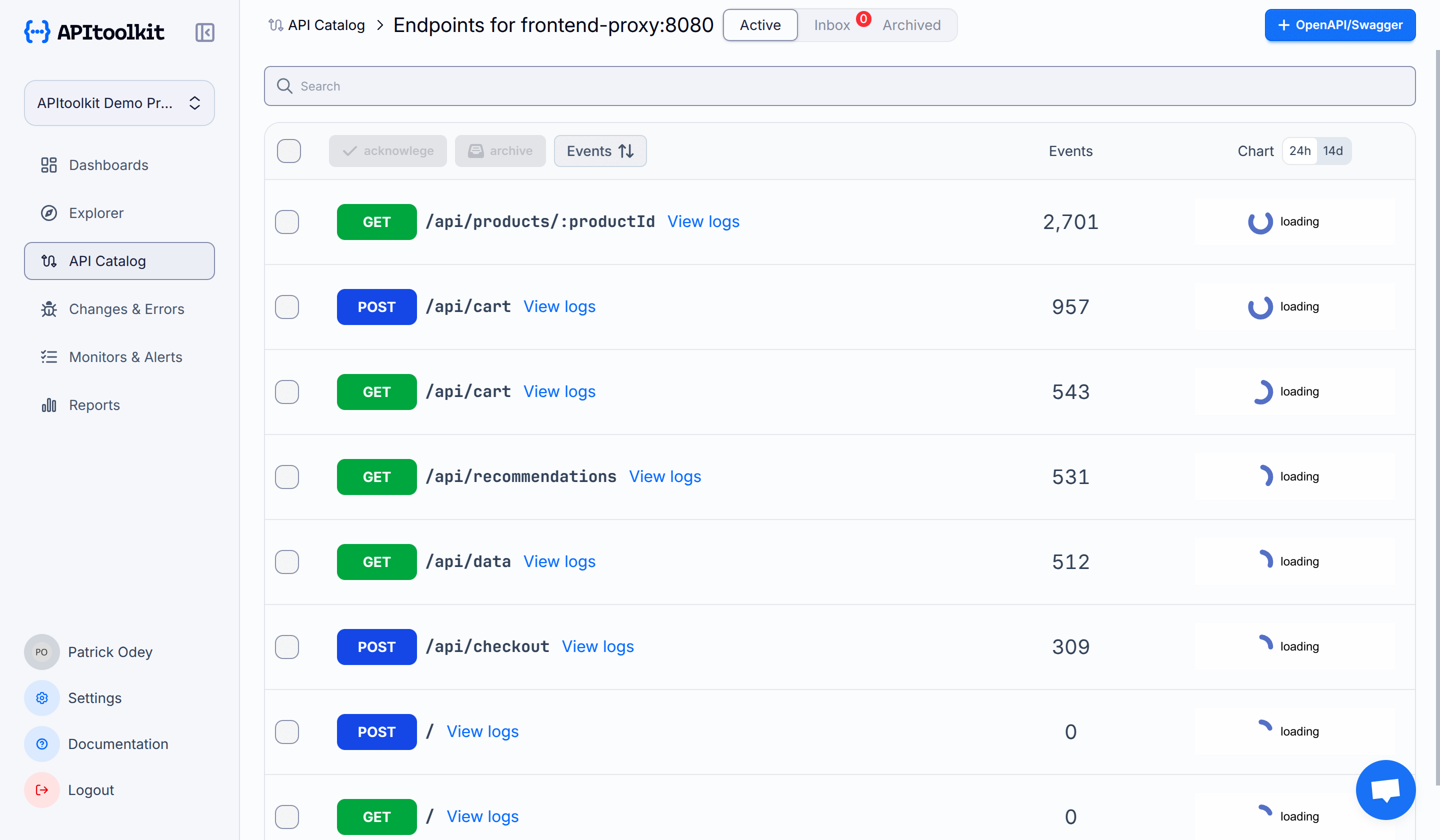 Screenshot of monoscope’s endpoints page