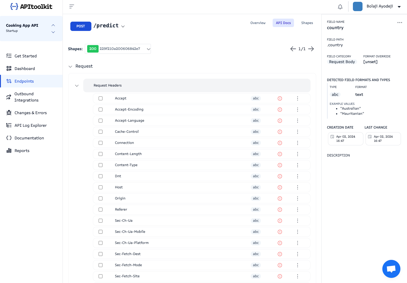 Screenshot of monoscope’s endpoints page