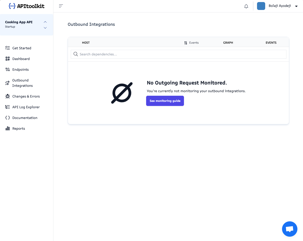 Screenshot of monoscope’s Outgoing Integrations page