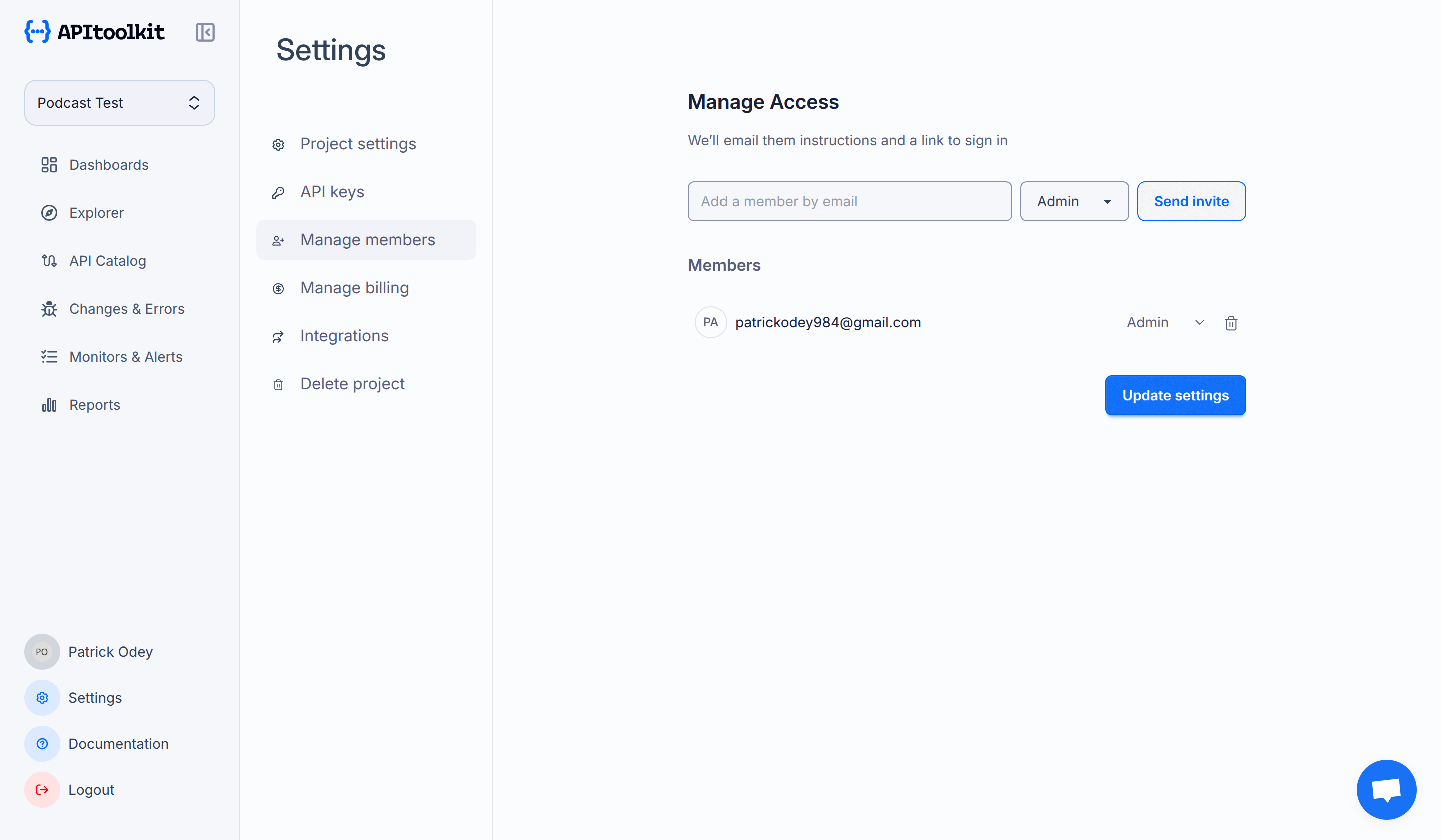 Screenshot of monoscope’s manage members page