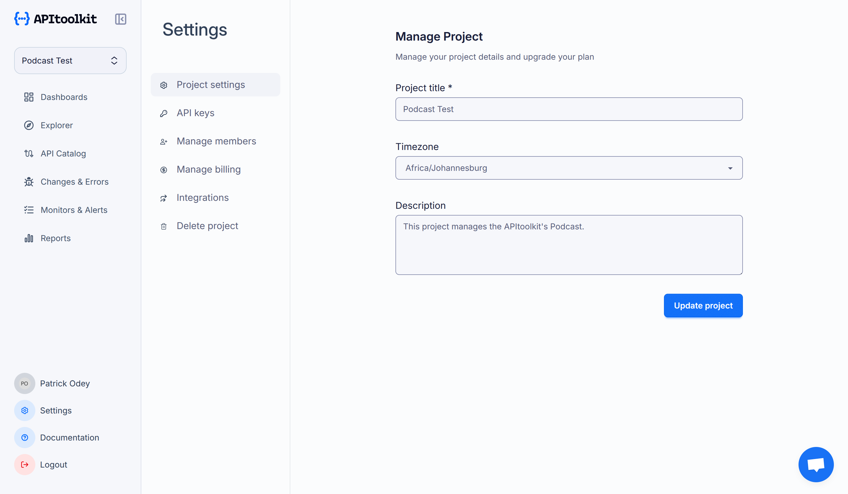 Screenshot of monoscope’s project settings page