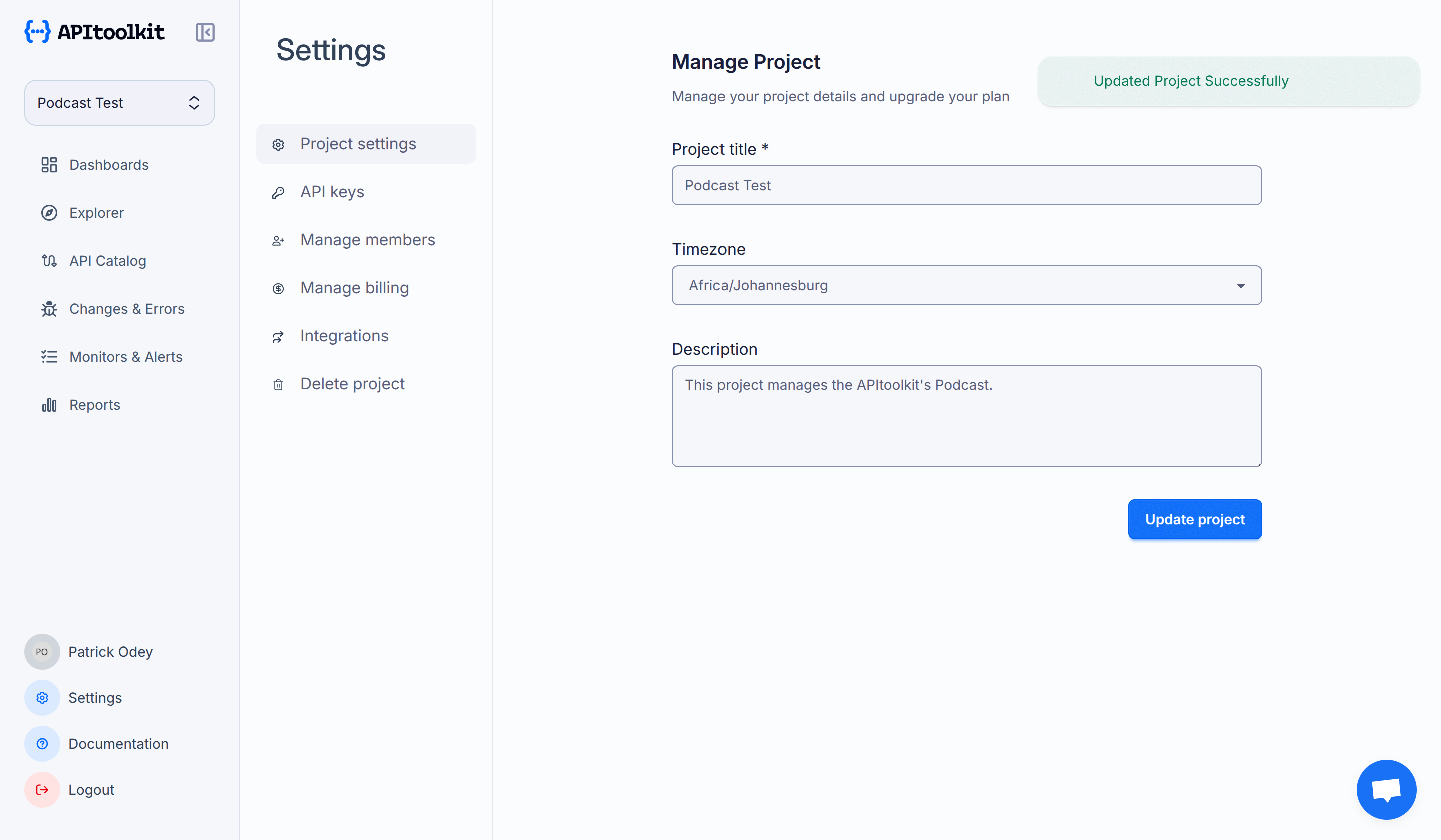 Screenshot of monoscope’s project settings page
