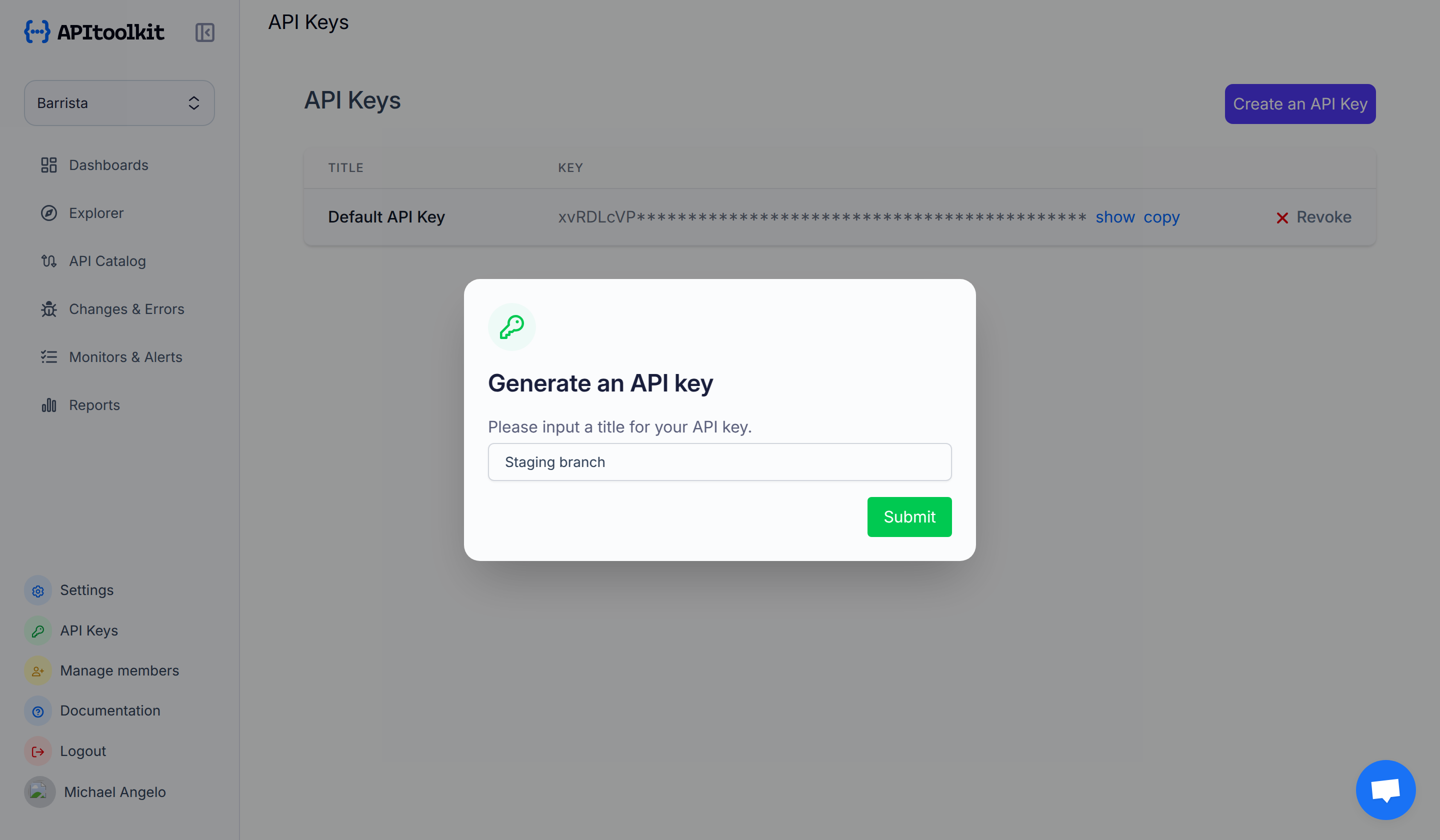 Screenshot of monoscope’s API keys page