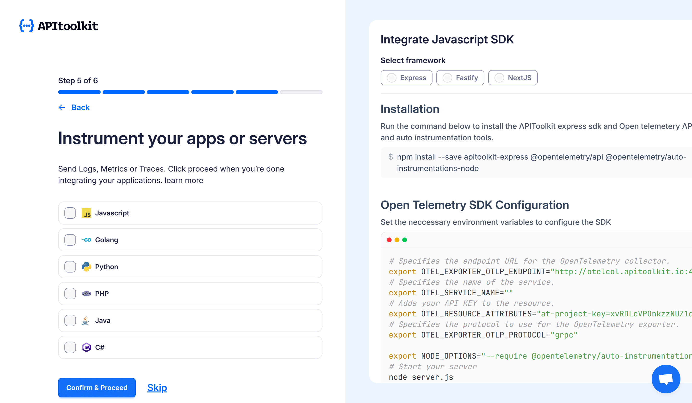Screenshot of monoscope’s create new project page